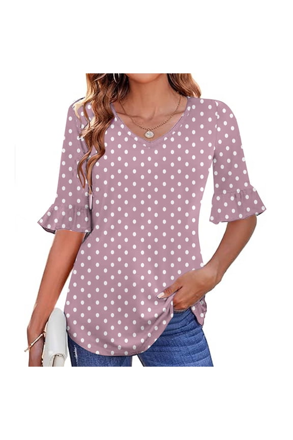Womens 3/4 Length Sleeve Shirts Trendy Polka Dot Graphic Tops Dressy Casual V Neck Shirt Lightweight Comfy Blouses for Going Out 2025 Fall Clothings Pink L
