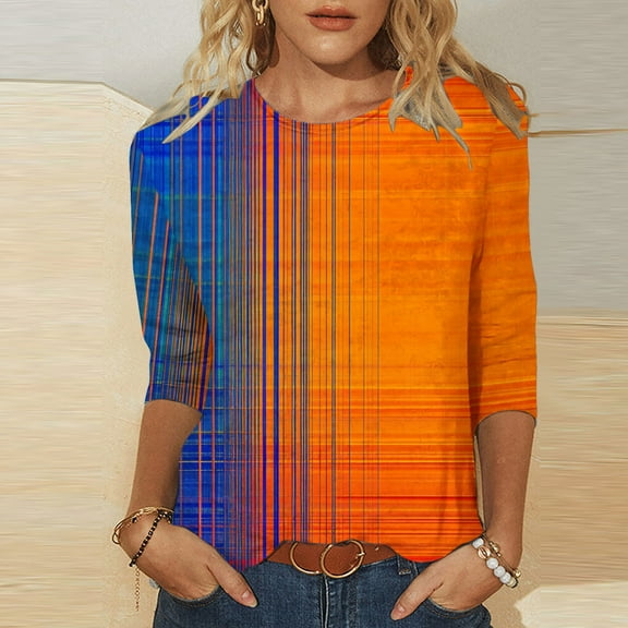 Nfurl Womens 3/4 Length Sleeve T Shirts Plus Size Fashion Neon Graphic Tees Casual Crew Neck Blouses 2025 Fall Tops Three Quarter Sleeved Tshirt Orange S