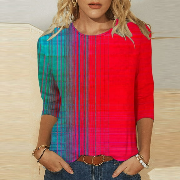 Nfurl Womens 3/4 Length Sleeve T Shirts Plus Size Fashion Neon Graphic Tees Casual Crew Neck Blouses 2025 Fall Tops Three Quarter Sleeved Tshirt Red XXL
