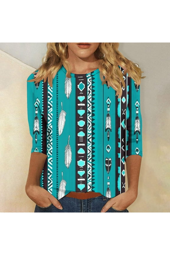 Womens Aztec Shirts Casual Plus Size 3/4 Sleeve Tops Loose Fit Crew Neck Graphic Tees Lightweigth Blouses for Work Daily Vacation Multicolor M