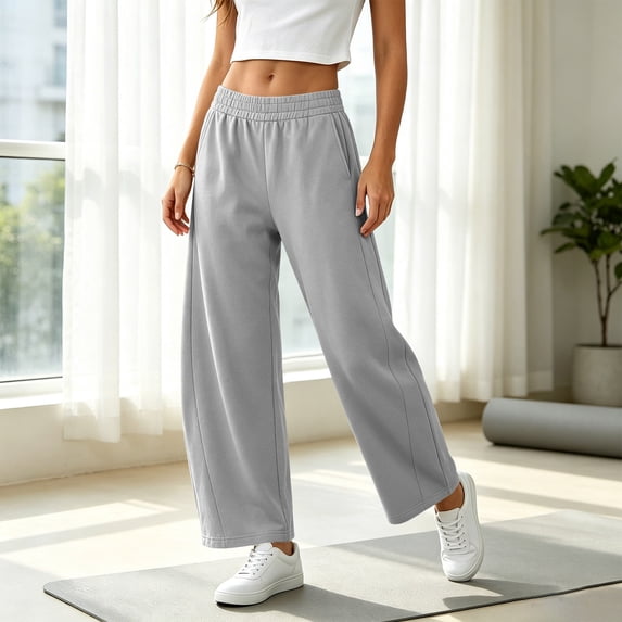 Nfurl Womens Barrel Sweatpants Elastic Waist Baggy Sweatpant with Pockets Wide Leg Pants Casual Sweat Pants Trousers for Going Out Workout Yoga Gray,XL