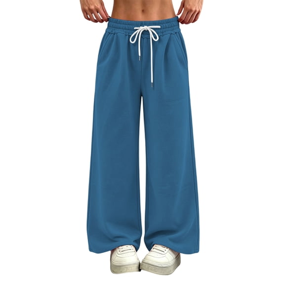 Nfurl Womens Barrel Sweatpants Mid Rise Wide Leg Pants with Pockets Elastic Waist Baggy Sweatpant Trendy Going Out Workout Casual Pants Blue,XXL