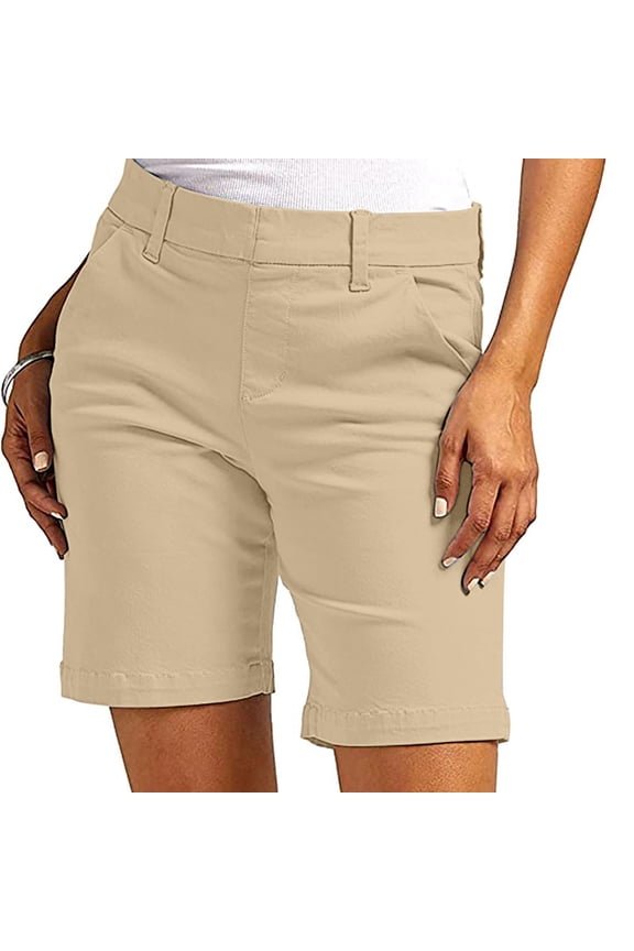 Womens Bermuda Shorts Knee Length 9 Inch Chino Pants Business Casual Work Pant Summer Comfy Bermuda Shorts with Pockets Khaki L