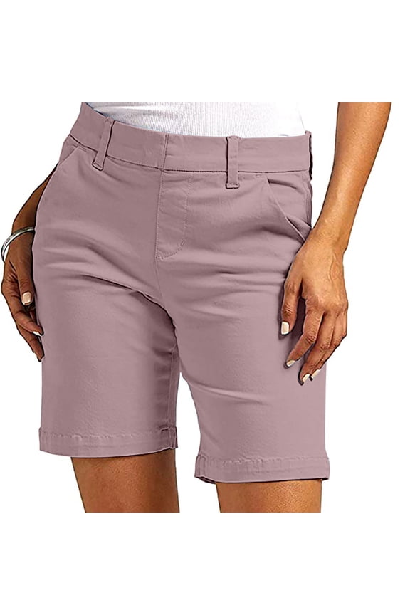 Womens Bermuda Shorts Knee Length 9 Inch Chino Pants Business Casual Work Pant Summer Comfy Bermuda Shorts with Pockets Pink L
