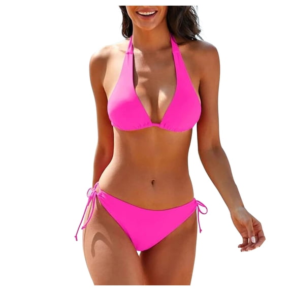 Nfurl Womens Bikini Sets Two Piece Swimsuits Halter Triangle Bikini Set Bathing Suits for Women Swimwear Summer Vacation Beach Wear Hot Pink,M