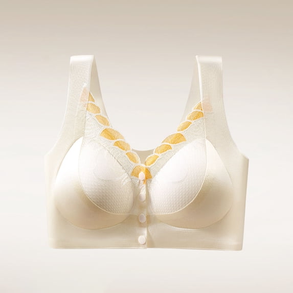 Nfurl Womens Bras Snap Front WIreless Bras for Seniors Women Push up Lace Bralettes Support Full Coverage Front Close Comfort Bra Beige,M
