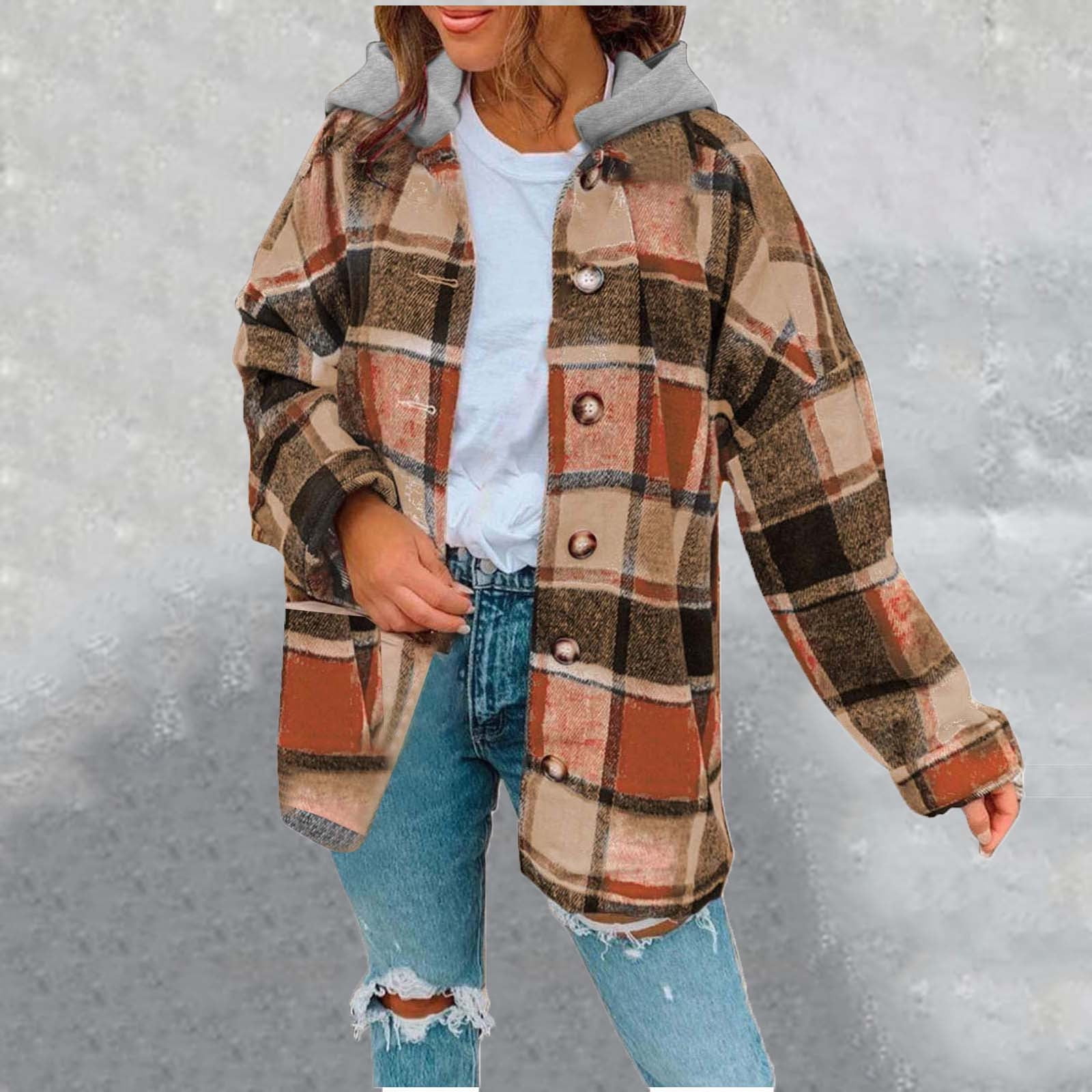 Blostirno Women's Oversized Flannel Shirt - Long Sleeve Plaid Button-Down Buffalo Shacket Top