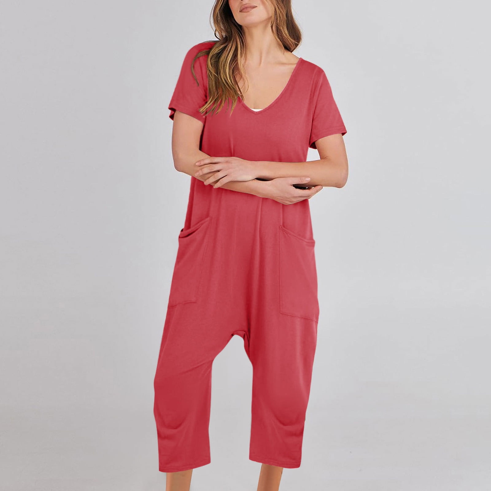 Nfurl Womens Capri Jumpsuits with Pockets Summer Short Sleeve Rompers ...
