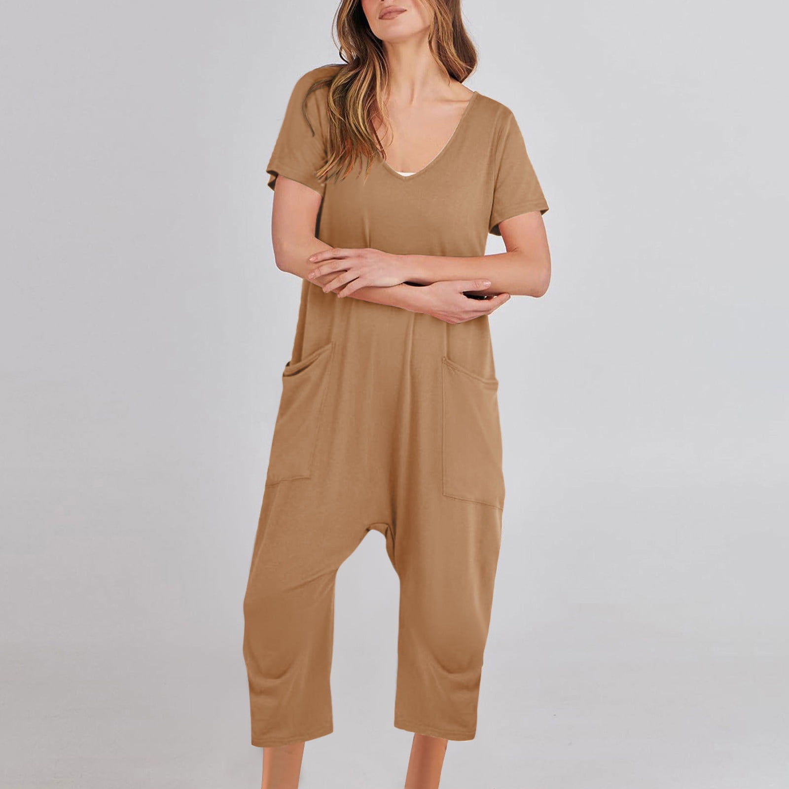 Nfurl Womens Capri Jumpsuits with Pockets Summer Short Sleeve Rompers ...