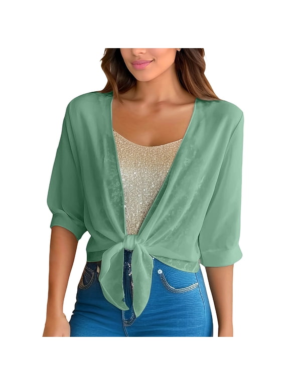 Womens Cardigans Elegant Tie Front Cropped Shrugs for Women Lightweight Elbow Sleeve Open Front Thin Chiffon V Neck Cardigan Mint Green,L