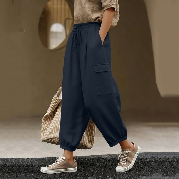 Nfurl Womens Cargo Linen Pants with Pockets Loose fit Wide Leg Capri Pants Drawstring Elastic Waist Linen Cropped Trouser Pants Casual Pants Navy XL