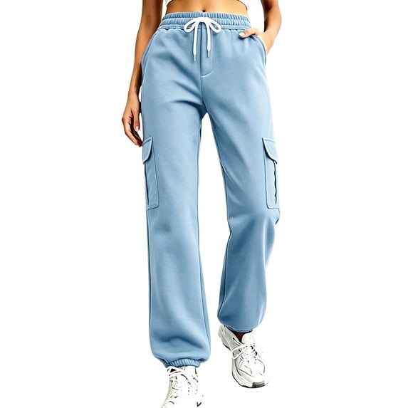 Nfurl Womens Cargo Sweatpants Pockets Elastic Waist Drawstring Cuffed Bottoms Jogging Pants Low Rise Sweat Pants Comfy Workout Casual Sweatpant Blue,XL
