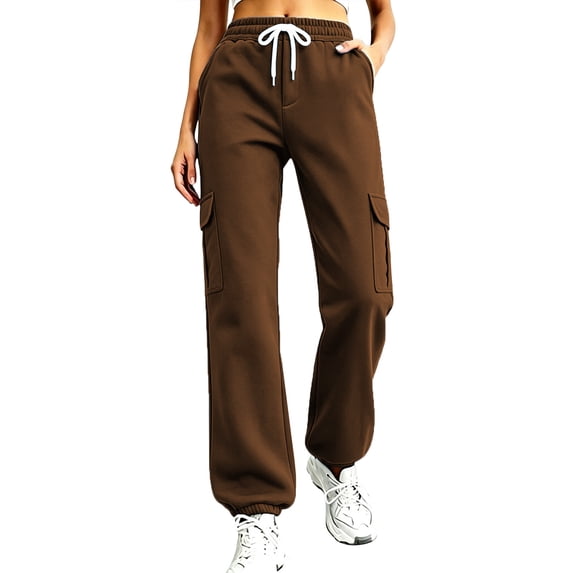 Nfurl Womens Cargo Sweatpants Pockets Elastic Waist Drawstring Cuffed Bottoms Jogging Pants Low Rise Sweat Pants Comfy Workout Casual Sweatpant Brown,XL