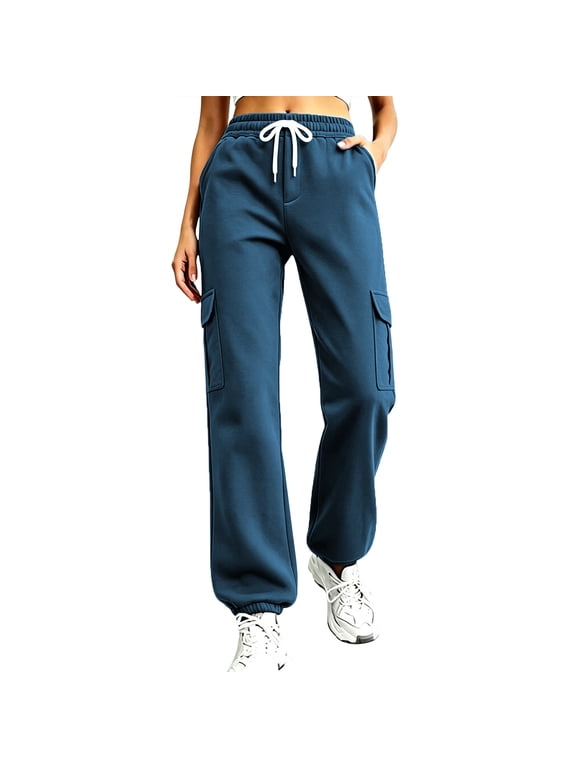Womens Cargo Sweatpants Pockets Elastic Waist Drawstring Cuffed Bottoms Jogging Pants Low Rise Sweat Pants Comfy Workout Casual Sweatpant Navy,S