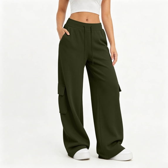 Nfurl Womens Cargo Sweatpants with 4 Pockets Wide Leg Baggy Sweat Pants Loose Open Bottom Sweatpant Elastic Waist Trendy Casual Pants Army Green,M