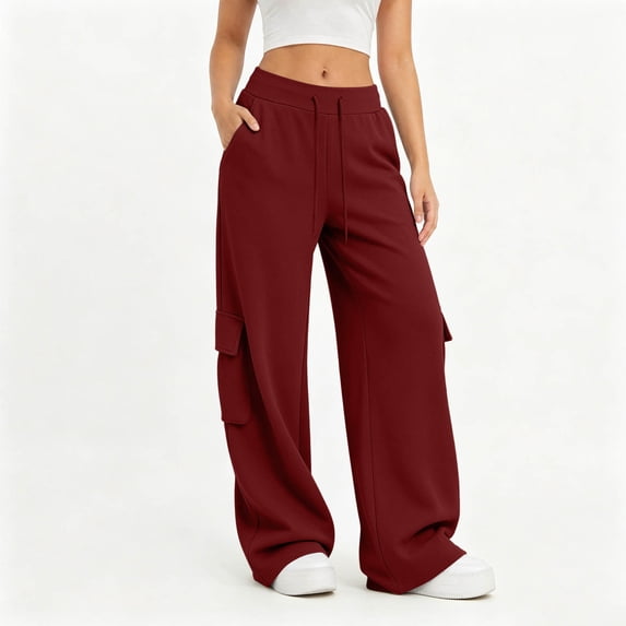 Nfurl Womens Cargo Sweatpants with 4 Pockets Wide Leg Baggy Sweat Pants Loose Open Bottom Sweatpant Elastic Waist Trendy Casual Pants Wine,L