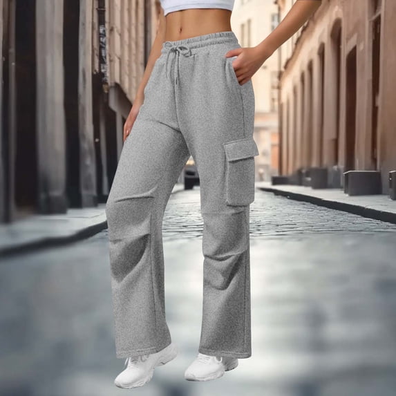 Nfurl Womens Cargo Sweatpants with 4 Pockets no Cuff Open Bottom Sweatpants Casual Travel Going Out Pants Trousers Gray,XXL