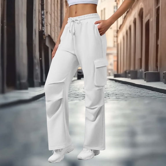 Nfurl Womens Cargo Sweatpants with 4 Pockets no Cuff Open Bottom Sweatpants Casual Travel Going Out Pants Trousers White,M