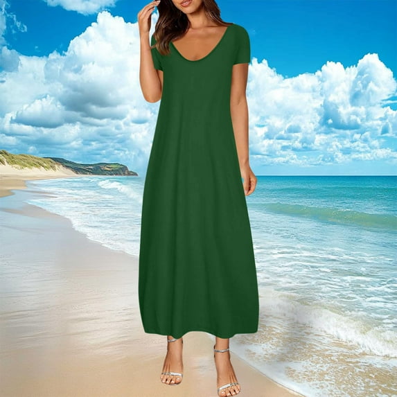 Nfurl Womens Casual Dresses Summer Short Sleeve Scoop Neck Maxi Dress Elegant Going Out A Line Dresses Loose Spring Vacation Going Out Sundress Army Green XXXXXL
