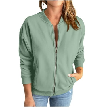 Nfurl Womens Classic Bomber Jackets Petite Stand Collar Outerwear Solid Color Zip Up Coats Casual Long Sleeve Windbreaker Jacket with Pockets