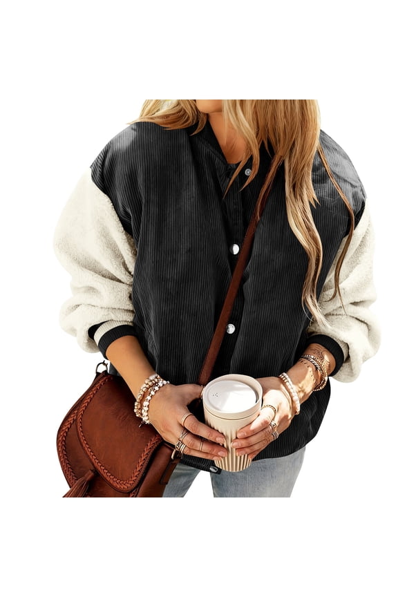 Womens Corduroy Jackets Warm Color Block Long Sleeve Snap Front Quilted Barn Jacket Ladies Winter Coats Going Out Outerwear Coat Black M