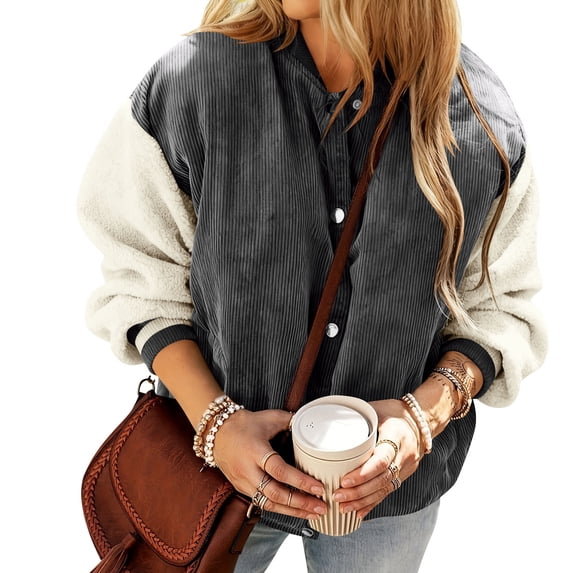 Nfurl Womens Corduroy Jackets Warm Color Block Long Sleeve Snap Front Quilted Barn Jacket Ladies Winter Coats Going Out Outerwear Coat Dark Gray XXL