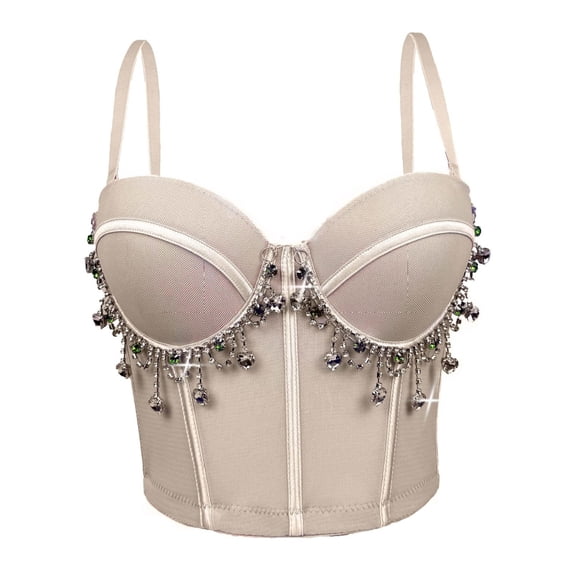 Nfurl Womens Corset Tops Glitter Rhinestone Chain Going Out Corsets Elegant Adjustable Strap Bustier Tops Night Out Festival Party Club Wear Beige,S