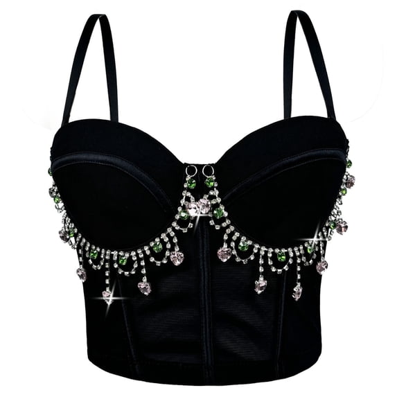 Nfurl Womens Corset Tops Glitter Rhinestone Chain Going Out Corsets Elegant Adjustable Strap Bustier Tops Night Out Festival Party Club Wear Black,M