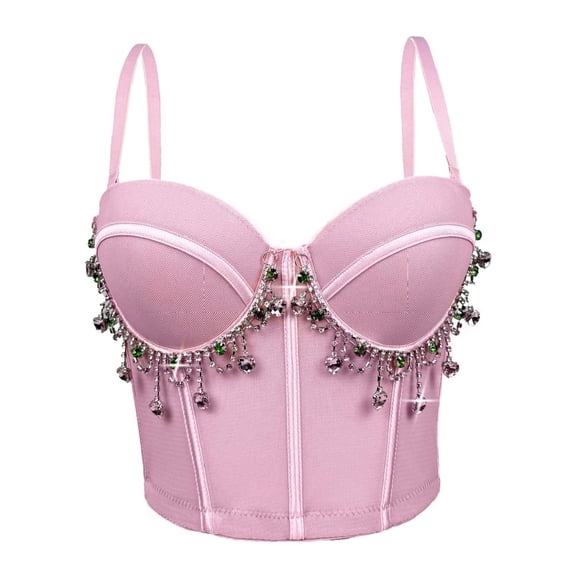 Nfurl Womens Corset Tops Glitter Rhinestone Chain Going Out Corsets Elegant Adjustable Strap Bustier Tops Night Out Festival Party Club Wear Pink,L