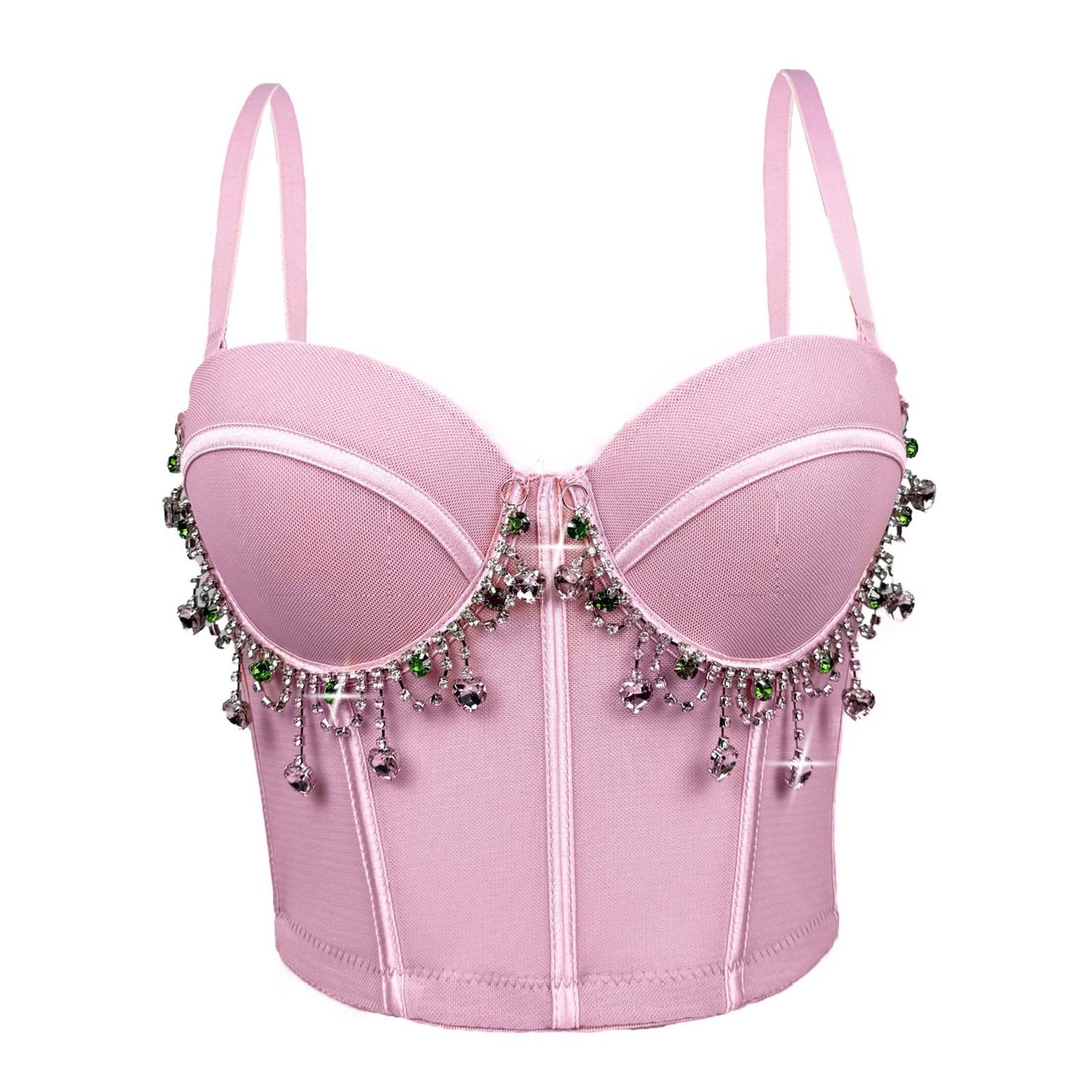 Nfurl Womens Corset Tops Glitter Rhinestone Chain Going Out Corsets Elegant Adjustable Strap Bustier Tops Night Out Festival Party Club Wear Pink,L