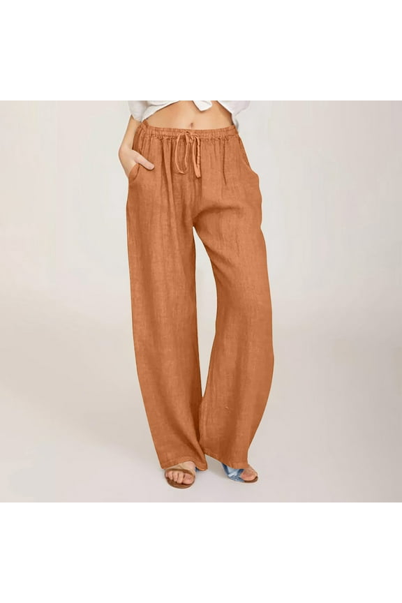 Womens Cotton Linen Pants Drawstring Elastic Waist Wide Leg Linen Pants for Women Casual Summer Travel Trouesr with Pocekts Beach Pants Orange XL