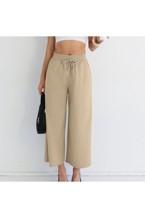 Womens Cotton Linen Wide Leg Pants with Drawstring Elastic Waist Cropped Pants Flowy Dressy Casual Palazzo Pants with Pockets Khaki M