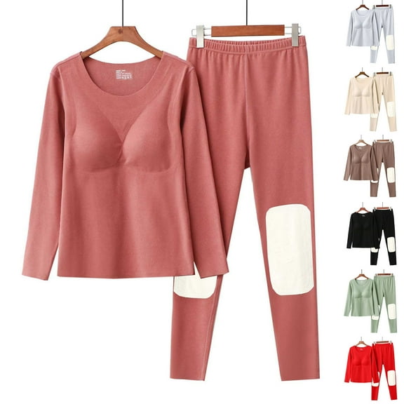 Nfurl Womens Cotton Pajamas Sets Soft Long Sleeve Built in Bras Sleepwear and Pants with Knee Pad Petite Loungewear Ladies 2pcs Pjs Sets Gray L