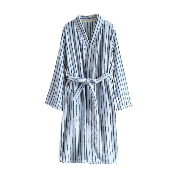 Nfurl Womens Cotton Robes Mid Length Long Sleeve Bathrobes Trendy Striped Robe with Belt Soft Sleepwear Comfy Spa Bathrobe Loungewear Blue M