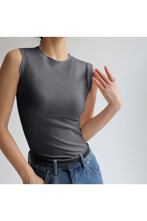 Womens Cotton Tank Tops Fitted Solid Color High Neck Tank Top Business Casual Sleeveless Blouses Summer Ladies Sleeveless Tops Dark Gray,M