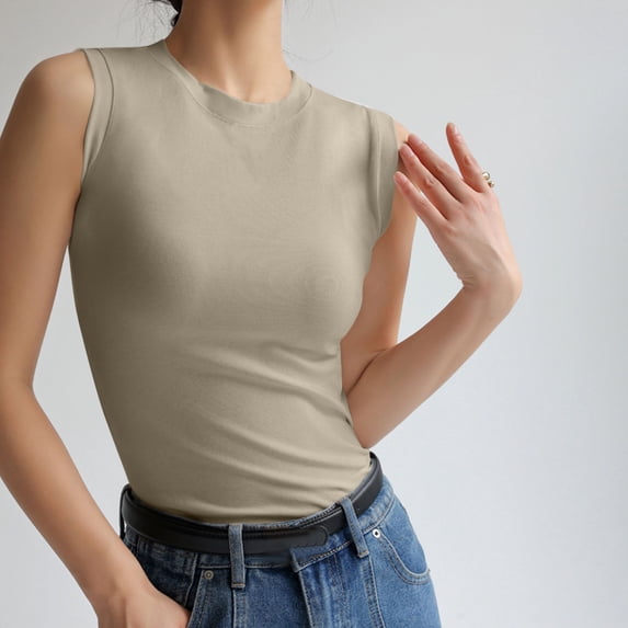 Nfurl Womens Cotton Tank Tops Fitted Solid Color High Neck Tank Top Business Casual Sleeveless Blouses Summer Ladies Sleeveless Tops Green,L