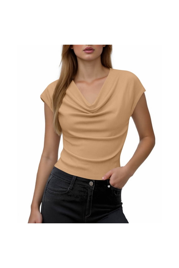 Womens Cowl Neck Tops Fitted Solid Color Cap Sleeve Tops Summer Ribbed Soft Tee Shirts Ladies Tops Blouses Spring Work Going Out Blouses Khaki L