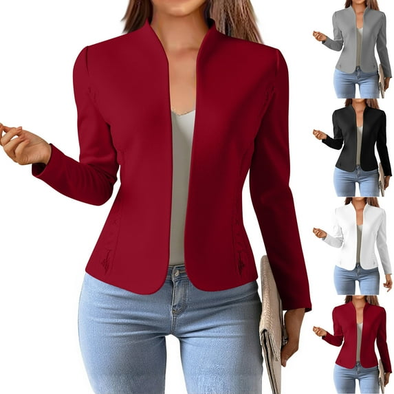 Nfurl Womens Cropped Blazers Fitted Open Front Solid Color Ladies Blazer Business Casual Long Sleeve Work Office Suit Jackets White S