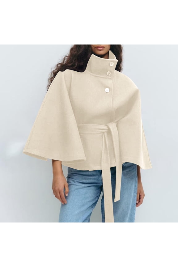 Womens Cropped Pea Coats Trendy Waist Belted Stand Collar Poncho Cape Fall Winter Single Breasted Short Jackets Casual Going Out Jacket White S