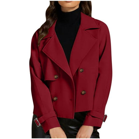 Nfurl Womens Cropped Trench Coat Trendy Casual Double Breasted Crop Jackets Fall Notch Collar Coats Fall Winter Windproof Outerwear Wine XL
