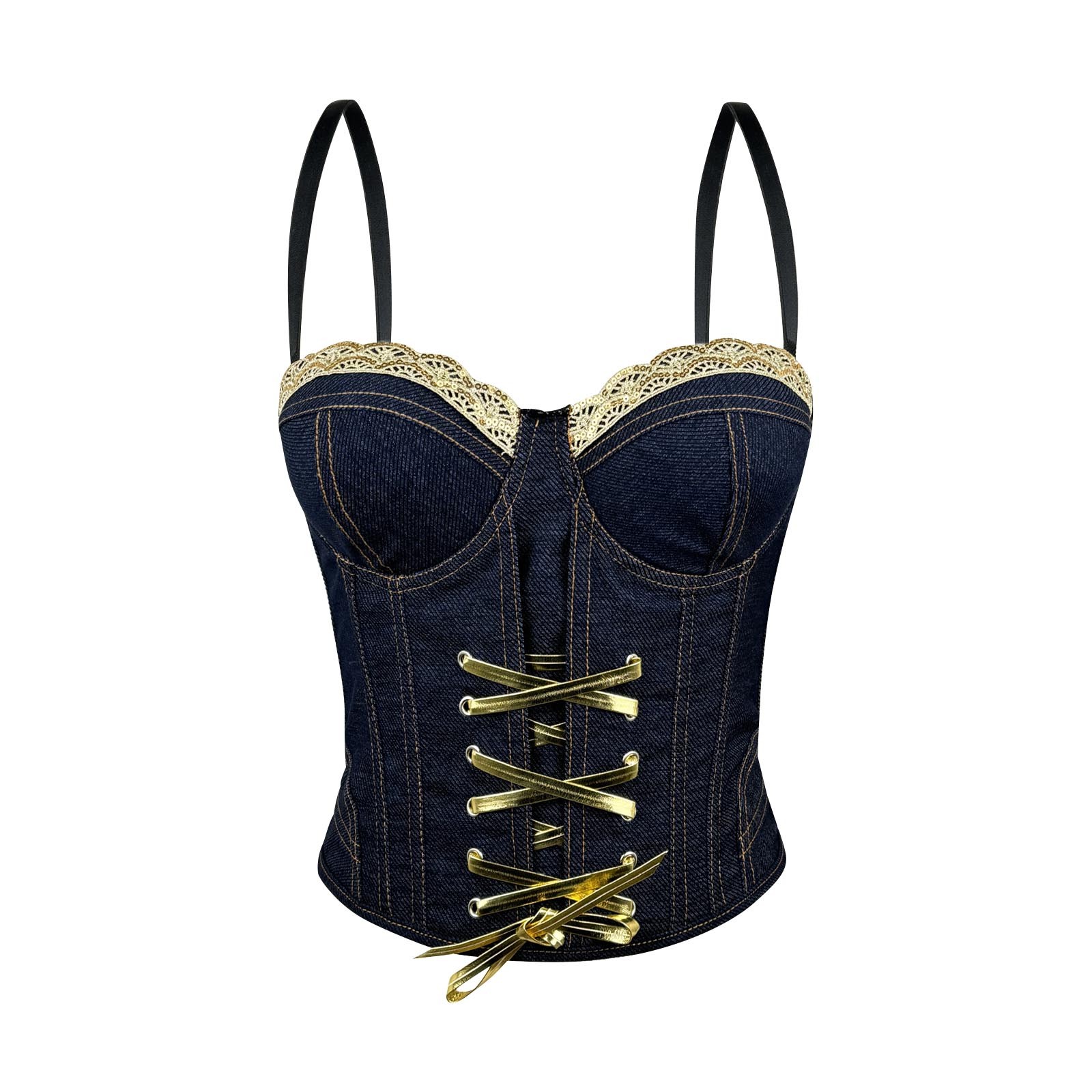 Nfurl Womens Denim Corsets Elegant Tie Back Adjustable Strap Bustier Tops Trendy Going Out Jean Corset Tops for Women Night Out Party Club Wear Blue,36B/80