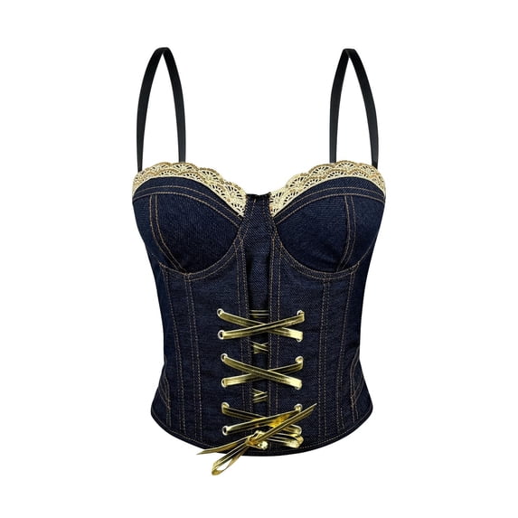 Nfurl Womens Denim Corsets Elegant Tie Back Adjustable Strap Bustier Tops Trendy Going Out Jean Corset Tops for Women Night Out Party Club Wear Blue,40C/90