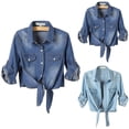 thumbnail image 1 of Nfurl Womens Denim Crop Tops Casual 3/4 Sleeve Button Down Denim Jackets Knot Tie Front Jean Jacket Fall Fashion Coats Sky Blue XXL, 1 of 7