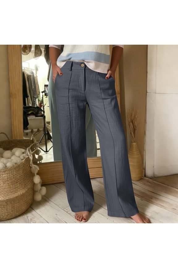 Womens Dress Pants with Pockets Flowy Wide Leg Linen Palazzo Pant High Waist Business Casual Work Trouser Spring Summer Travel Trousers Dark Gray XXL