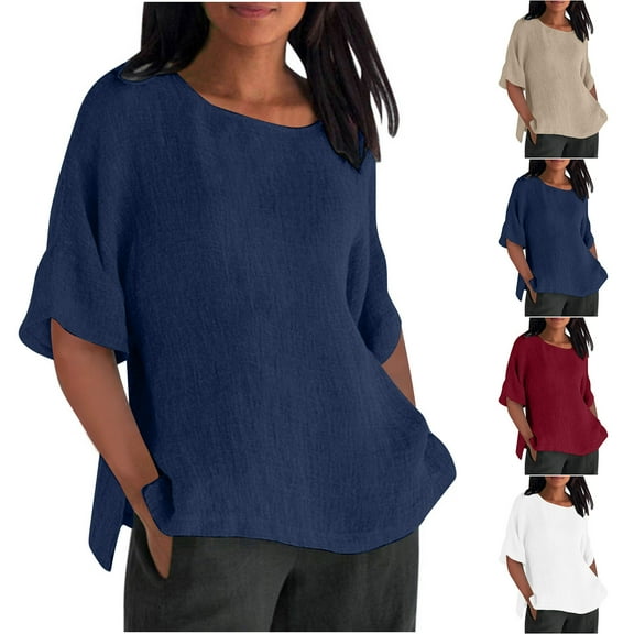 Nfurl Womens Elbow Length Sleeve Tops 2025 Plus Size Spring Clothes Casual Round Neck T-Shirts Loose Solid Color Shirt Blouses for Women Cozy Cotton Linen Blouses
