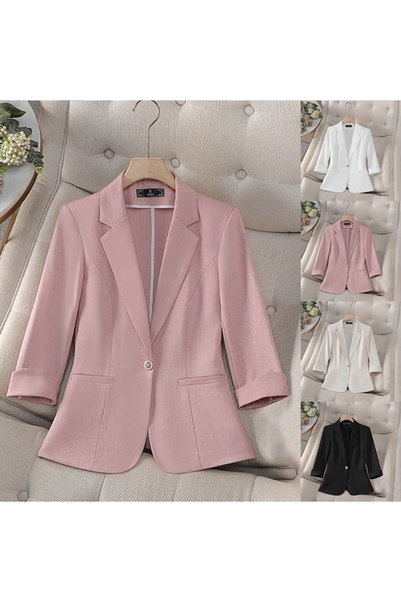 Womens Fall Blazers Plus Size Fitted Single Breasted Lapel Short Blazer Dressy Casual Solid Color 3/4 Sleeve Ladies Suit Jackets White XXXXL