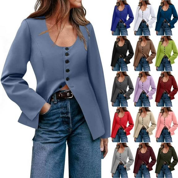 Nfurl Womens Fall Jackets Plus Size Business Casual Scoop Neck Button Down Suit Jacket Loose Fit Long Sleeve Solid Color Fashion Jackets Light blue S