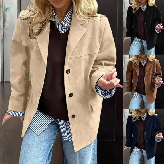 Nfurl Womens Fall Jackets Plus Size Casual Solid Color Button Down Outerwear Jacket Trendy Long Sleeve Coat with Pockets Ladies Coats Navy XL