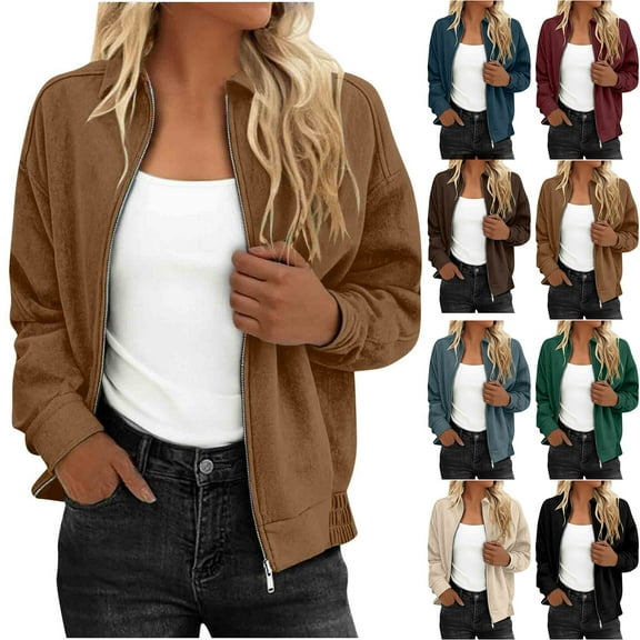 Nfurl Womens Faux Suede Jackets Comfy Solid Color Zip Up Bomber Jacket Casual long Sleeve Outerwear Loose Ladies Fall Winter Coats Beige L