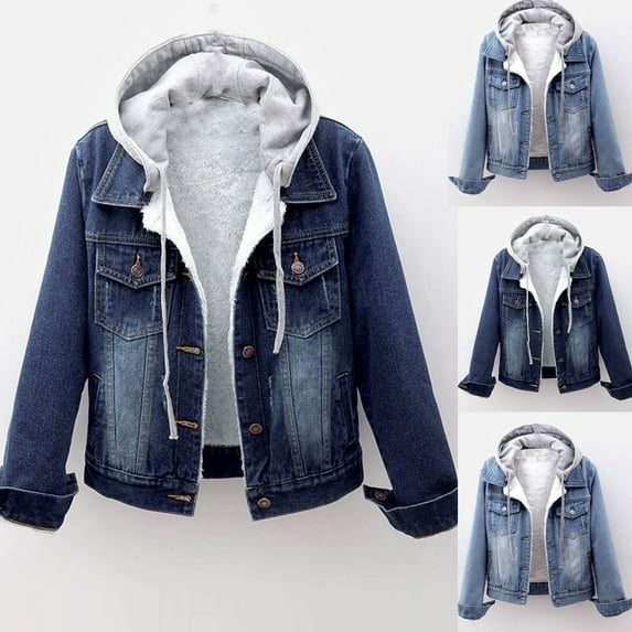 Nfurl Womens Fleece Lined Cropped Jackets Casual Button Down Hooded Denim Jackets Fitted Winter Warm Coats Ladies Clothes Light Blue M